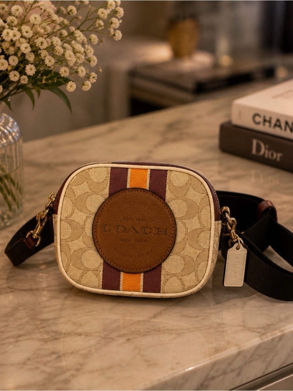 Coach Beige Signature Canvas Crossbody with Brown Leather and Orange Stripe